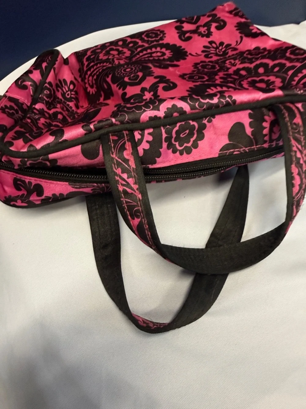 Hot Pink & Black Damask Cosmetic Case with Handle